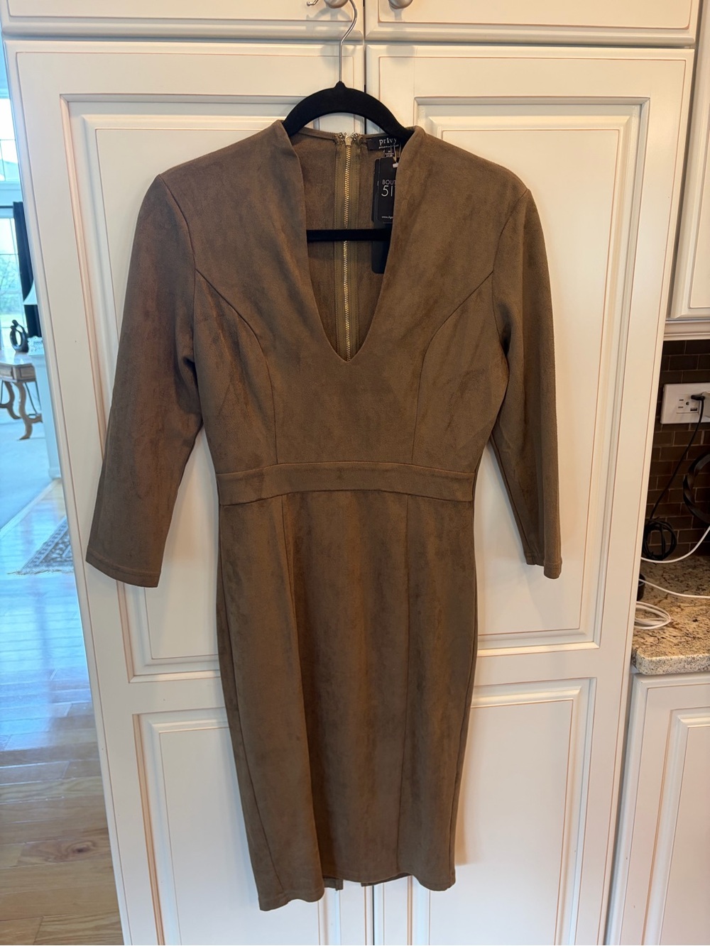 privy Taupe Suede-Effect V-Neck Long Sleeve Sheath Dress. 3/4 sleeves.